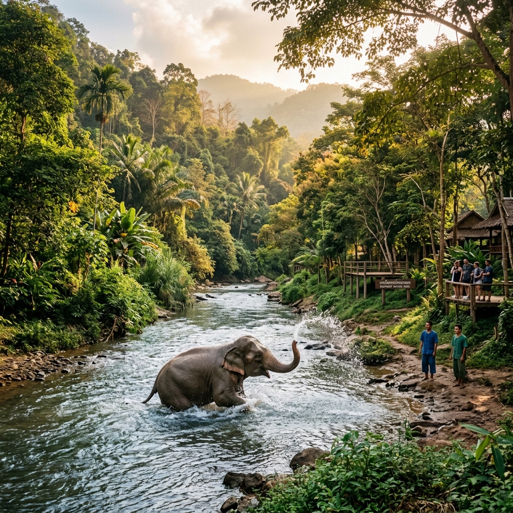 Elephant enjoying pristine mountain river